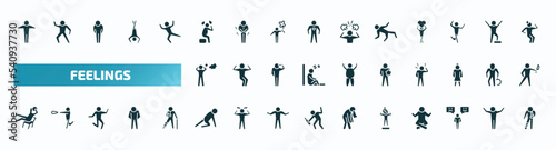 set of 40 filled feelings icons. flat icons such as full human, depressed human, ecstatic human, stressed better lazy ready helpless emotional hurt glyph icons.