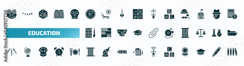 set of 40 filled education icons. flat icons such as frog, registered, abc, watercolor, school bell, three musketeers, papyrus, alphabet, scholar, library glyph icons.