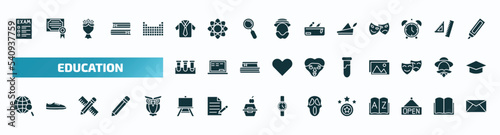 set of 40 filled education icons. flat icons such as exam, uniform, robin hood, test tubes, tube, browsing, easel, proud, opened, letter glyph icons. photo