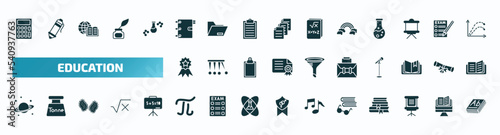 set of 40 filled education icons. flat icons such as school calculator, school agenda, basic rainbow, top, case, planet saturn, pi, book and glasses, flip chart, 3d dictionary glyph icons.