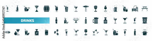 set of 40 filled drinks icons. flat icons such as ramos gin fizz, mint julep, glass with wine, , absinthe, fish skeleton, coffee bean, martini, sex on the beach, boiling glyph icons.