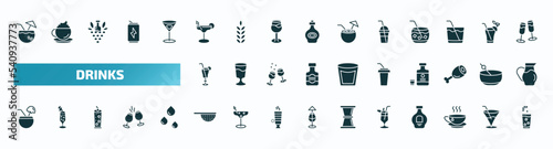 set of 40 filled drinks icons. flat icons such as coconut drink, margarita, smoothie, tequila sunrise, soft drink, planter's punch, sieve, tropical itch, tea, fruit juice glyph icons.
