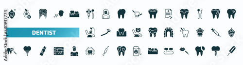 set of 40 filled dentist icons. flat icons such as dental protection, dental hook, medical prescription, dentist chair, maxilla, dental checkup, fake tooth, tooth filling, tampon glyph icons.