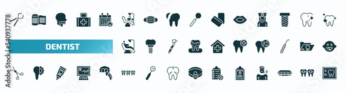 set of 40 filled dentist icons. flat icons such as tooth pliers, dental chair, mouth, examination, healthy tooth, dentist scissors, brackets, health report, lingual braces, dental x ray glyph icons.