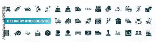 set of 40 filled delivery and logistic icons. flat icons such as delivery cart, weight limit, delivery list, weighing, man, waybill, localize, stamp, by website, duty free glyph icons.