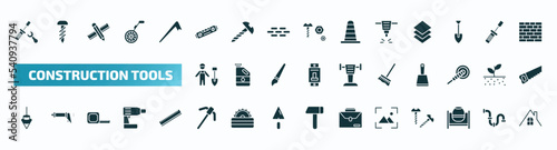 set of 40 filled construction tools icons. flat icons such as repair screwdriver, plumb rule tool, jackhammer, working shovel, cleaning mop, plumb bob, gardening digger, wallpaper, cement mixers,