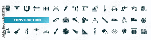 set of 40 filled construction icons. flat icons such as welding, screwdrivers, short shovel, hacksaw, chisel, derrick with boxes, brush, paint bucket, wrench and gear, glyph icons.