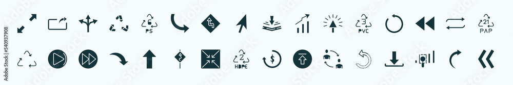 flat filled user interface icons set. glyph icons such as scale arrows, 6 ps, bending, 3 pvc, refresh button, right arrow play button, pointing up arrow, hdpe 2, exchange personel, gap, right curve