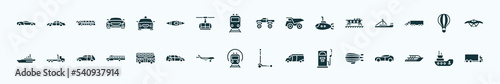 flat filled transportation icons set. glyph icons such as sport car, taxi, monster truck, caboose, hot air balloon, flatbed lorry, double decker bus, , fuel dispenser, yacht, tugboat icons.