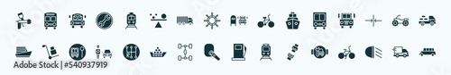 flat filled transport icons set. glyph icons such as car painting, tram stop, scholar bus stop, public transport, quad bike, carrier, gearshift, hands free device, seatbelt, car lights, shipping and