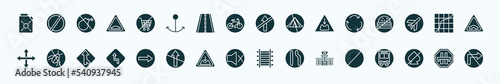 flat filled traffic signs icons set. glyph icons such as gasoline, no shopping cart, no straight, roundabout, curves, no insects, one way, sound, police station, gambling, motorway icons.
