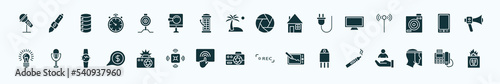flat filled technology icons set. glyph icons such as big microphone, pitching hine, camera shutter, lcd screen, tablet with picture, radio microphone, camera flash, photograph camera, transistor,