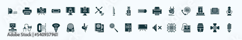 flat filled technology icons set. glyph icons such as straight air, computer screen linux, reflex photo camera, ecologic electricity, customs, biomass, air cooler, search bug, no audio, fryer,