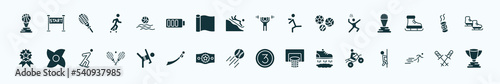 flat filled sports icons set. glyph icons such as basketball champion, waterpolo, weight lifting, volleyball motion, drift car, ninja shuriken, wushu, home run, flying shoes, man sprinting, ski