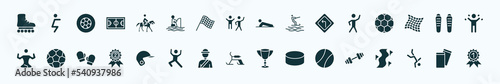 flat filled sports icons set. glyph icons such as roller skate, horseback, man doing pushups, stretching, shin guards, football ball, baseball helmet, skibob, tennis sport ball, capoeira,
