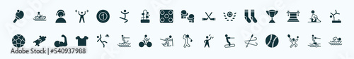 flat filled sports icons set. glyph icons such as table tennis, pool ball, boxing gloves, long socks, person riding on sleigh, match, man losing hat, skier skiing, water ski, man playing tennis,