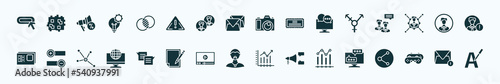 flat filled social media marketing icons set. glyph icons such as buttons, overlap, big photo camera, transgender, user avatar, pros and cons, square bubble, rocker, trending, recreational, message