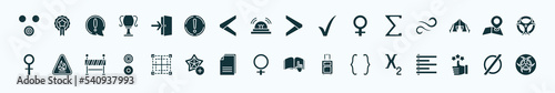 flat filled signs icons set. glyph icons such as therefore, exit right arrow, is greater than, the sum of, map and map pointer, fire hazard, borders, female, parenthesis, superior, empty icons.