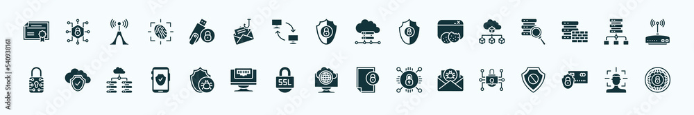 flat filled internet security icons set. glyph icons such as network certificate, pendrive security, cloud server, network cubes, proxy server, cloud, malware, internet connection, spam, secure