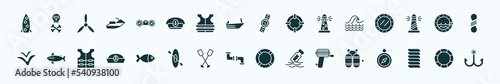 flat filled nautical icons set. glyph icons such as one suroard, binocular, water resist watch, sea, porthole, shark, fish facing right, pipe, boat engine, rope knot, big float icons.