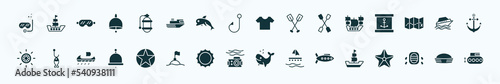 flat filled nautical icons set. glyph icons such as snorkel, air tank, shirt, old galleon, cruise ship, fish shaped bait, star inside circle, water resist camera, submarine, rubber raft, sailor hat