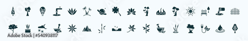 flat filled nature icons set. glyph icons such as arborvitae tree, agave, beautiful lotus flower, american beech tree, waste water, flower pot, petals, sow, flower therapy, eco energy source,