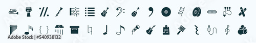 flat filled music icons set. glyph icons such as trombone, octave, mandolin, thirty second note rest, bagpipes, demisemiquaver, image archive, quaver, music store, jack connector, treble clef icons.