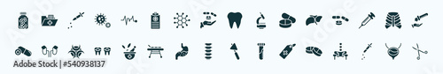 flat filled medical icons set. glyph icons such as medicine capsules, pulse line, tooth, liver, sternum, adrenal gland, phary tool, spinal column, tag with a cross, eye dropper, bladder icons.