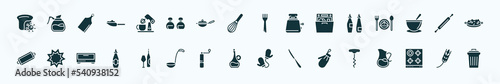 flat filled kitchen icons set. glyph icons such as mould, mixer, fork, sauces, rolling pin, cookie cutter, wine bottle, olive oil, kitchen mitten, stove, wheat icons.