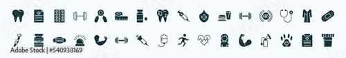 flat filled health and medical icons set. glyph icons such as teeth, handgrip, injection, dumbbell, patient robe, proteins, arm, medical drip, girl, veterinary, medical report icons.