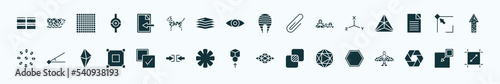 flat filled geometry icons set. glyph icons such as array, import, fillet, coordinates, edit corner, angle, select all, front, icosahedron, polygonal hexagon, insert icons.