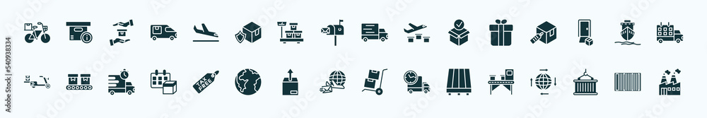 flat filled delivery and logistic icons set. glyph icons such as delivery by bike, arrival, transportation, gift, ship by sea, conveyor, tax free, air mail, pallet, container hanging, barcode icons. flat filled delivery and logistic icons set. glyph icons such as delivery by bike, arrival, transportation, gift, ship by sea, conveyor, tax free, air mail, pallet, container hanging, barcode icons.