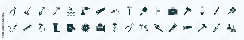flat filled construction tools icons set. glyph icons such as clipper, construction works, boning rod, businessman portfolio, paint brush, school ruler, bucket, garage screw, stillson wrench, screw, flat filled construction tools icons set. glyph icons such as clipper, construction works, boning rod, businessman portfolio, paint brush, school ruler, bucket, garage screw, stillson wrench, screw,