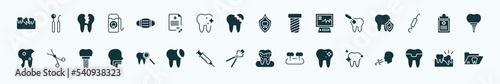 flat filled dentist icons set. glyph icons such as malocclusion, dentist mask, dental protection, scraping, health report, dentist scissors, check up, tooth extraction, molar crown, wisdom tooth