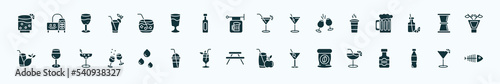 flat filled drinks icons set. glyph icons such as lime rickey drink, caipiroska, cosmopolitan, paper cup, jigger, glass of wine, drip, picnic table, coffee bag, , sidecar drink icons.
