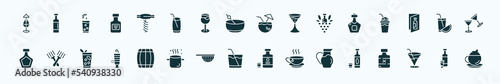flat filled drinks icons set. glyph icons such as mai thai, sorkscrew, coconut drink, liquor, watermelon juice, forks, cask, caipirinha, water jug, pink rose, alcohol icons.