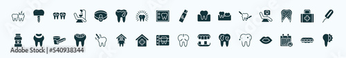 flat filled dentist icons set. glyph icons such as toothache, headlamp, chewing gum, dental care, aid, , sealants, radiograph, decay, dental appointment, lingual braces icons.