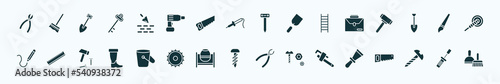 flat filled construction tools icons set. glyph icons such as clipper, construction works, boning rod, businessman portfolio, paint brush, school ruler, bucket, garage screw, stillson wrench, screw,