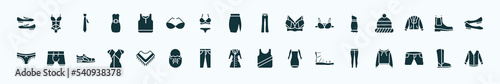 flat filled clothes icons set. glyph icons such as loafer, tank top, flare pants, one shoulder dress, leather chelsea boots, boxers, shawl, trench coat, gladiator sandal, denim shorts, wool boots