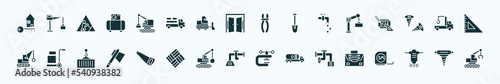 flat filled construction icons set. glyph icons such as home key, derrick with box, inclined clippers, derrick with boxes, crane truck, trolley with cargo, big saw, adjusment system, adjustment