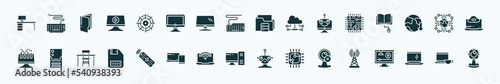 flat filled computer icons set. glyph icons such as boss office, calibrate, connected folder data, chips, information network, pc tower, tv controller, work station, webcam disconnected, open laptop