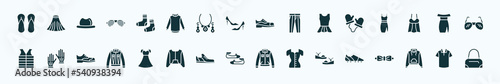 flat filled clothes icons set. glyph icons such as sleepers  men socks  leather shoes  wool gloves  off the shoulder dress  leather gloves  chiffon dress  flat shoes  platform sandals  hooded