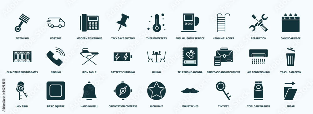 flat filled tools and utensils icons set. glyph icons such as piston on, tack save button, hanging ladder, film strip photograms, battery charging, briefcase and document, key ring, orientation flat filled tools and utensils icons set. glyph icons such as piston on, tack save button, hanging ladder, film strip photograms, battery charging, briefcase and document, key ring, orientation