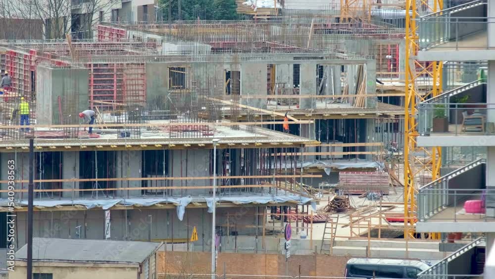 Construction site works of residential building, rebar tying, formwork Construction site works of residential building, rebar tying, formwork