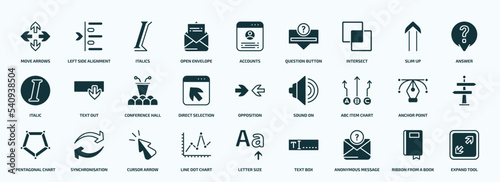 flat filled user interface icons set. glyph icons such as move arrows, open envelope, intersect, italic, direct selection, abc item chart, pentagonal chart, line dot chart, anonymous message, ribbon