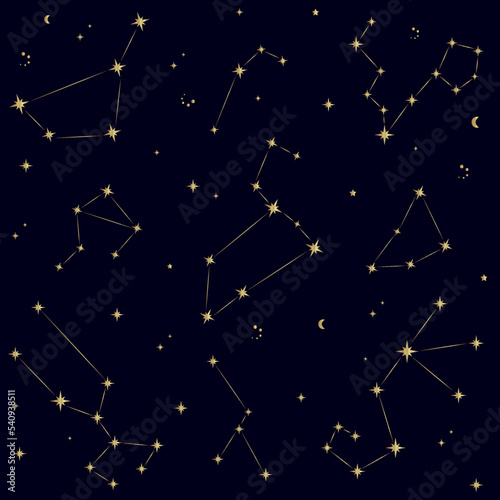 Seamless pattern with stars, constellations. Starry night sky, galaxy. Vector illustration.