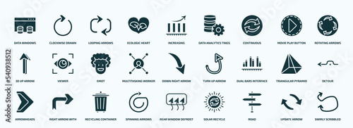 flat filled user interface icons set. glyph icons such as data windows, ecologic heart, continuous, 3d up arrow, multitasking worker, dual bars interface, arrowheads, spinning arrows, road, update