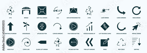 flat filled user interface icons set. glyph icons such as 6 ps, alu, loop arrow, pointing up arrow, curved arrows, left reverse curve, video play, 40 fe, make, recycable icons.