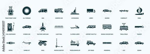 flat filled transportation icons set. glyph icons such as tram front view, camper car, hearse, fuel dispenser, light rail, double decker bus, kayak, micro scooter, monorail, suv icons.