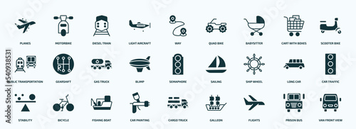 flat filled transport icons set. glyph icons such as planes, light aircraft, babysitter, public transportation, blimp, ship wheel, stability, car painting, flights, prison bus icons.